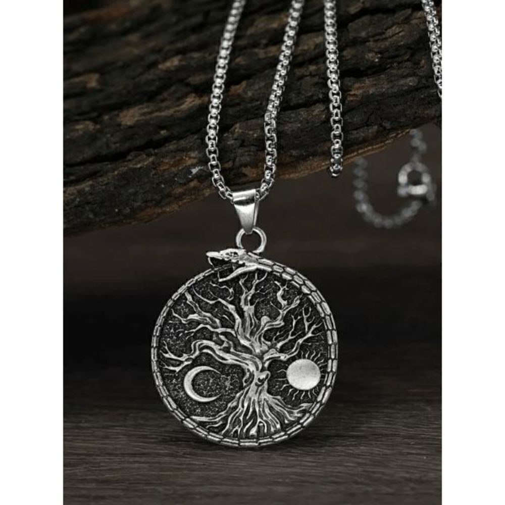 STAINLESS STEEL TREE OF LIFE SUN MOON SNAKE UNISEX PENDANT NECKLACE